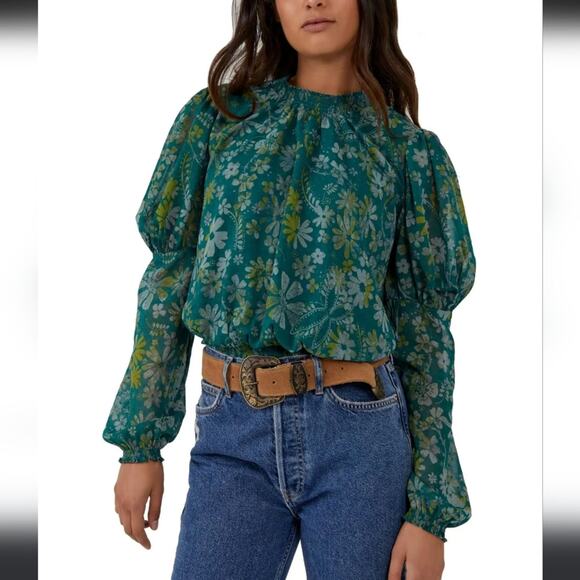 Free People Clarissa Smocked Long Sleeve Floral Chiffon Swiss Dot Blouse Top - Picture 6 of 6